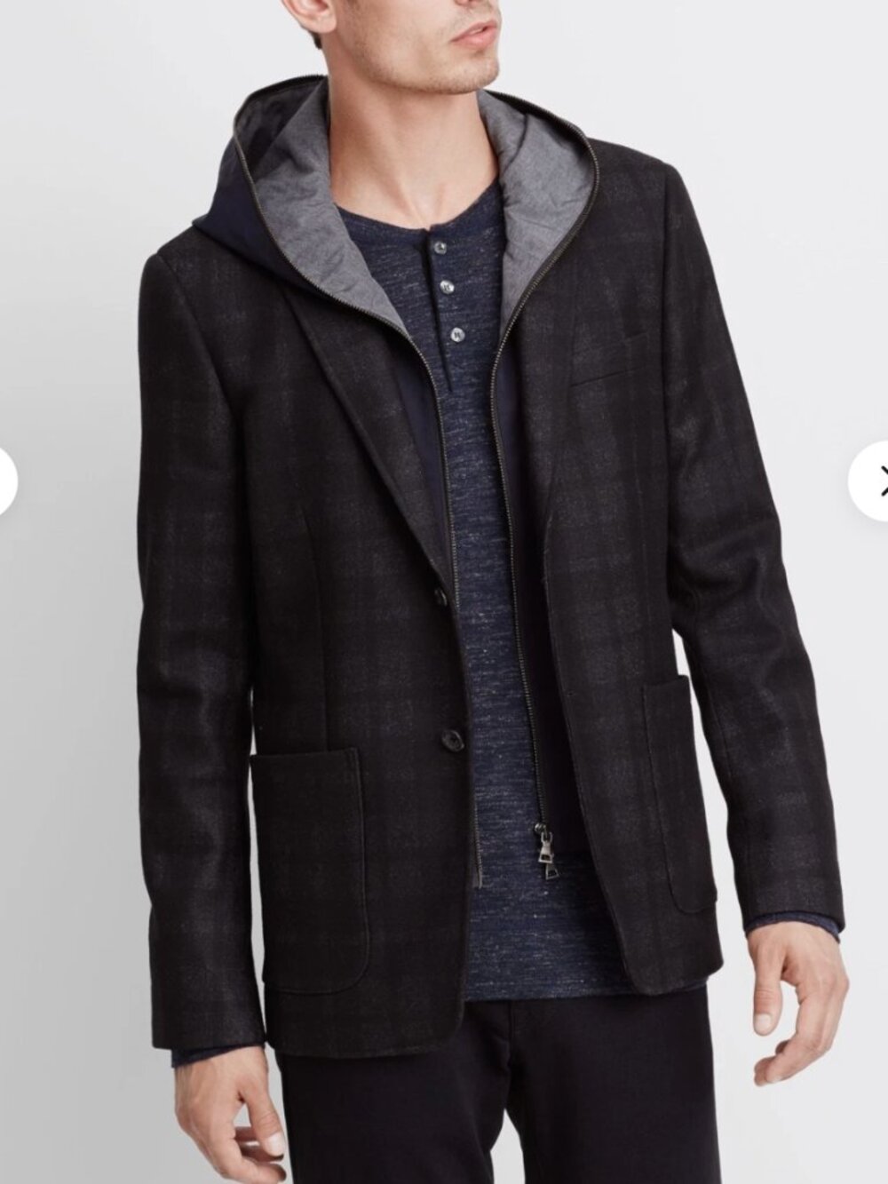 Vince Black Wool Blend Hooded Knit Blazer Jacket Removable Hood Size 40